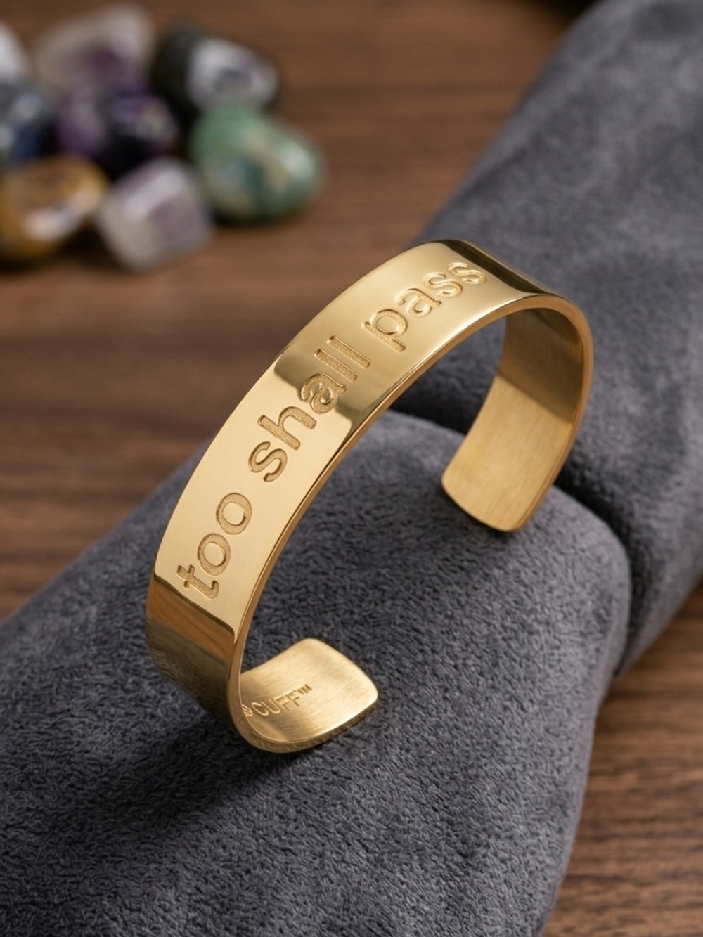 Rustic Cuff Gold Bangle Bracelet “This Too Shall Pass” & Pouch 2536